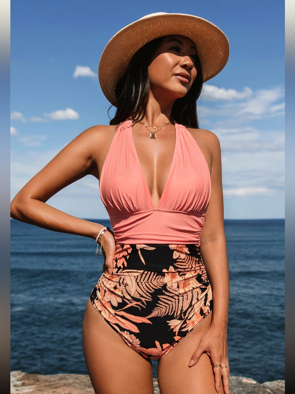 NEW•Coral Halter High-Waist Floral Ruched One-Piece Swimsuit•L